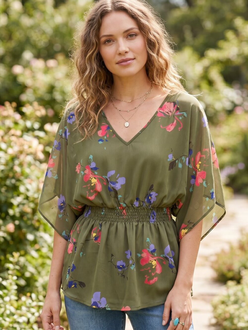 Mossimo Green Chiffon‎ Floral Top M Whimsigoth Fairy Flowy Smocked Y2K Cottage